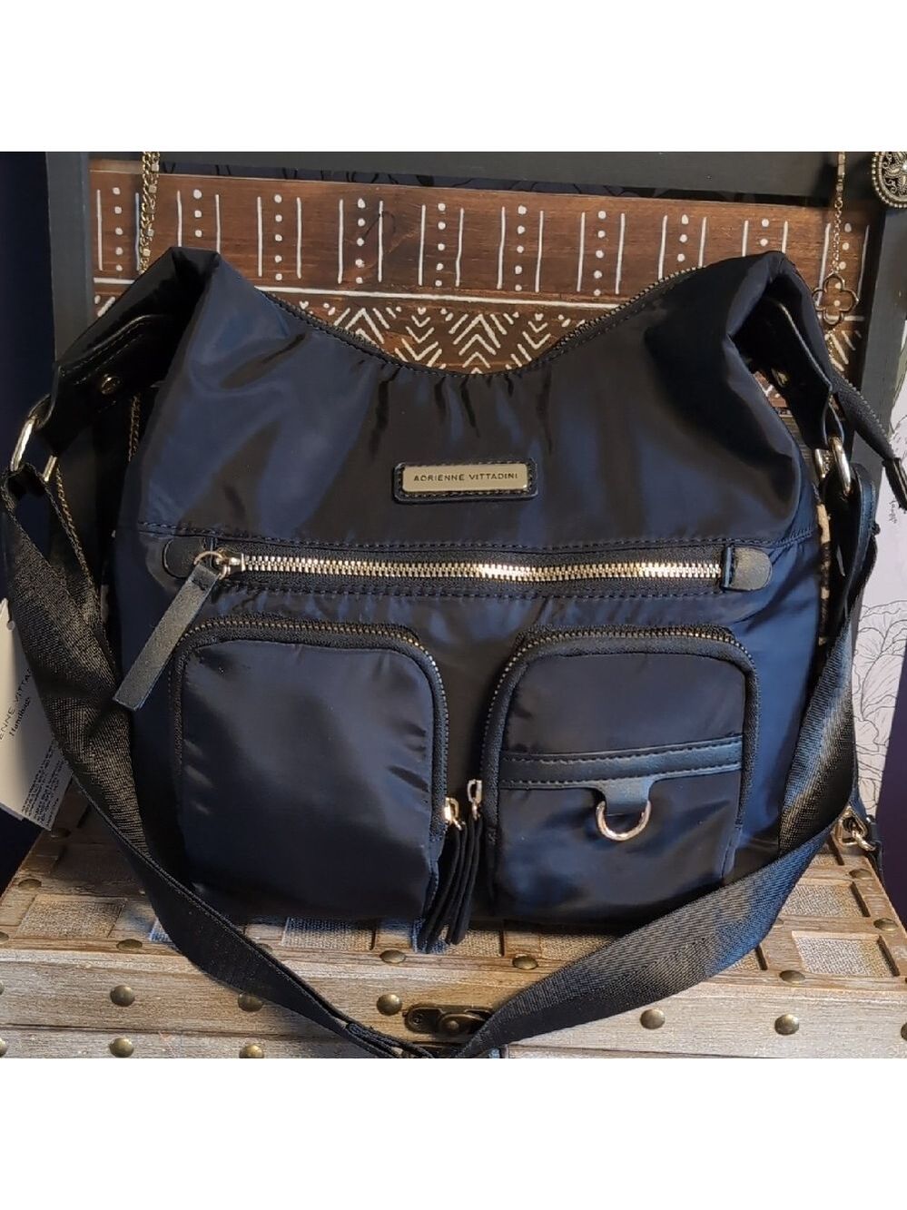 Adrienne Vittadini Black Multi-Pocket Hobo Bag W / Zippered Bag Charm - Picture 1 of 9